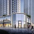 Modern Commercial Street Entrance With Glass Facade Buildings And Central Fountain Area