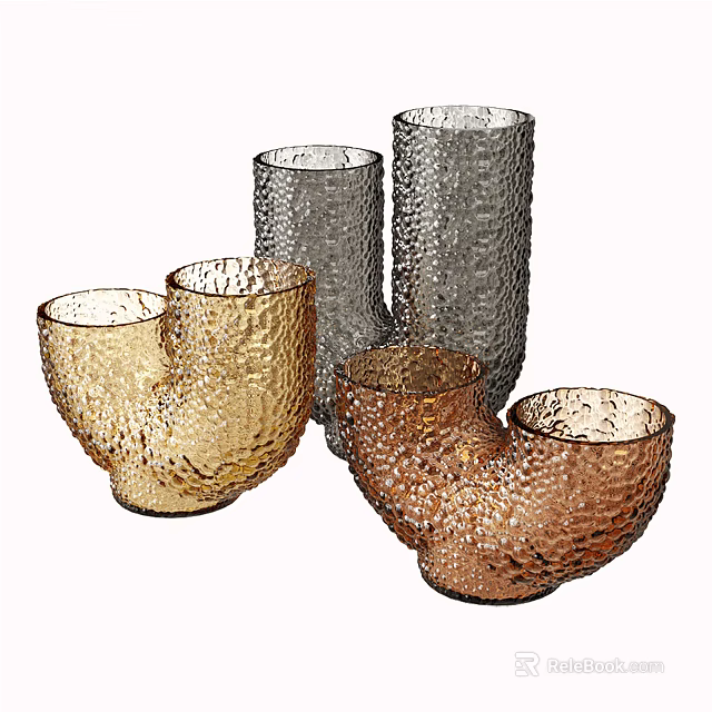 Decorative Glass Ornament Set With Golden Copper Gray Irregular Hammered Texture Pieces 3d model 