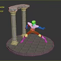 Warrior in Red White Costume Striking Battle Pose by Ancient Stone Pillars on Round Platform