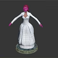 Woman in White Dress as Detailed 3D Model Standing on Blue Base with Gray Background