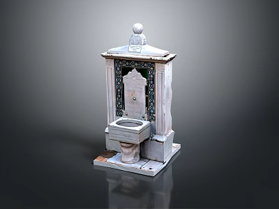 Traditional Stone Washbasin With Decorative Tiles Carved Base And Ornate Canopy Design 3d model