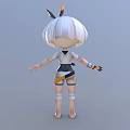 Cute 3D Character Model With White Short Hair Blue Eyes And Black Orange White Outfit Headband