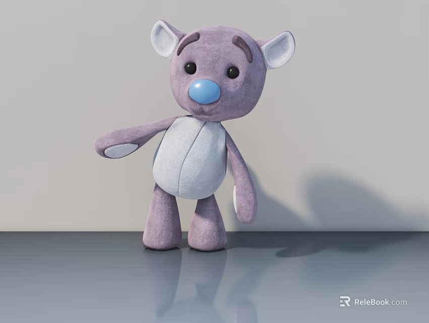 Purple Plush Teddy Bear With Blue Nose And White Inner Ears On Gray Surface 3d model 