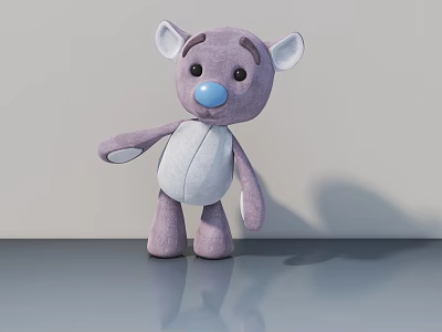 Purple Plush Teddy Bear With Blue Nose And White Inner Ears On Gray Surface 3d model