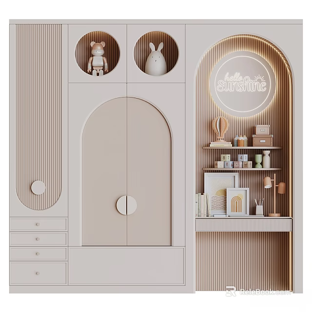 Arched Door Light Colored Wardrobe With Drawers Shelves Dolls And Hello Sunshine Light Up Sign 3d model 