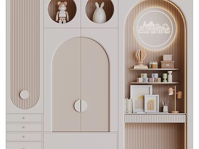 Arched Door Light Colored Wardrobe With Drawers Shelves Dolls And Hello Sunshine Light Up Sign 3d model