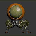 Orange Spherical Robotic Character With Green Mechanical Legs And Blue Details