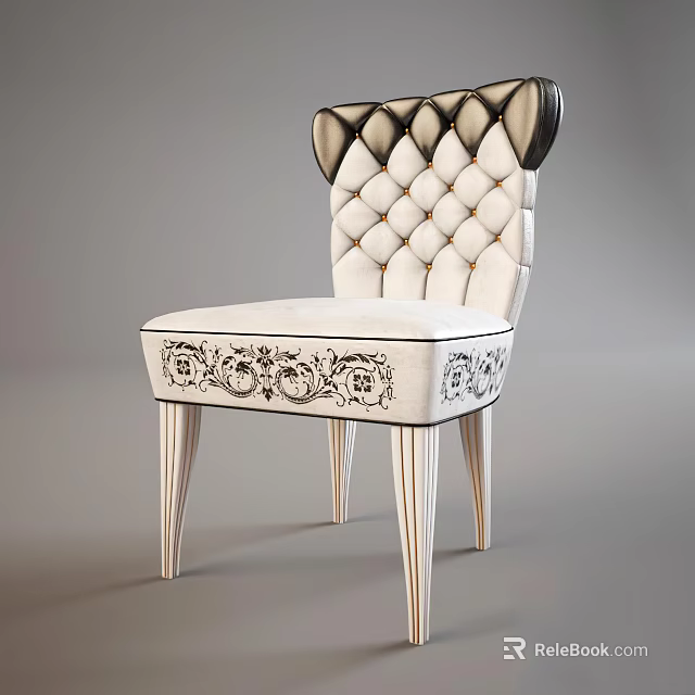 Elegant Accent Chair With Tufted Ivory Back Black Headrest Accent Floral Patterns And Striped Legs 3d model 