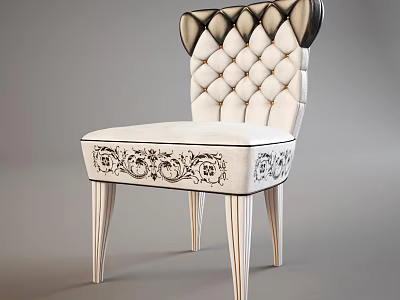 Elegant Accent Chair With Tufted Ivory Back Black Headrest Accent Floral Patterns And Striped Legs 3d model