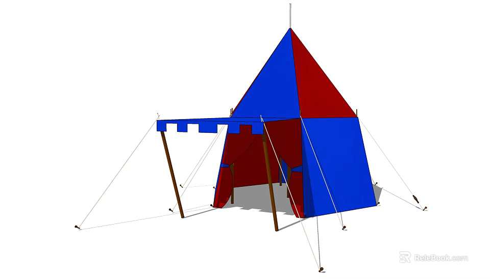 Red and Blue Conical Tent With Wooden Poles and Guy Ropes Structure 3d model 