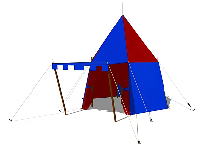 Red and Blue Conical Tent With Wooden Poles and Guy Ropes Structure 3d model