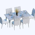 Modern Woven Dining Table And Chairs Set With Vase Flowers And Dinnerware 3d model