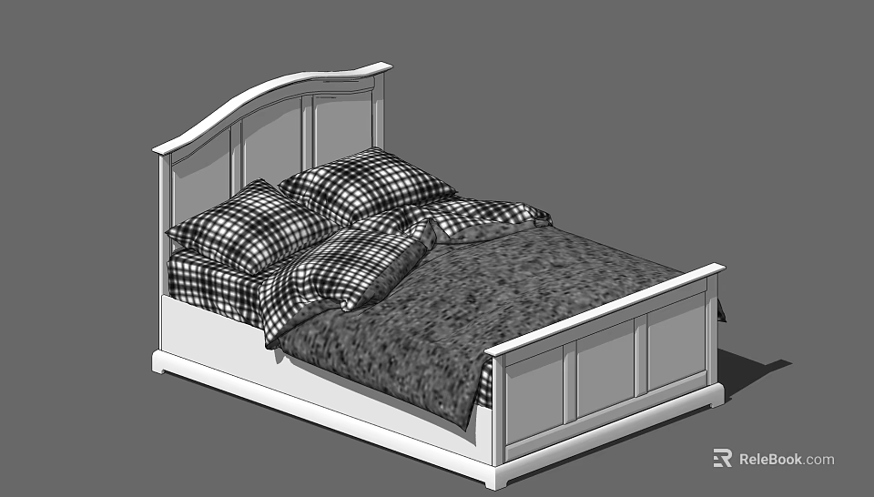 White Wooden Double Bed With Curved Headboard Plaid Pillows And Dark Blanket 3d model 