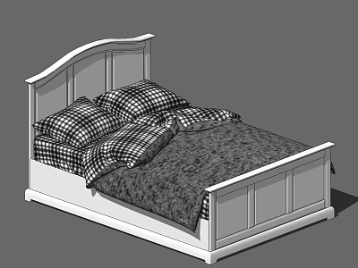 White Wooden Double Bed With Curved Headboard Plaid Pillows And Dark Blanket 3d model