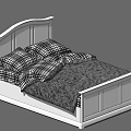White Wooden Double Bed With Curved Headboard Plaid Pillows And Dark Blanket