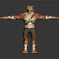 Man In Tiger Patterned Costume With Outstretched Arms Tiger Head Mask And Green Pants