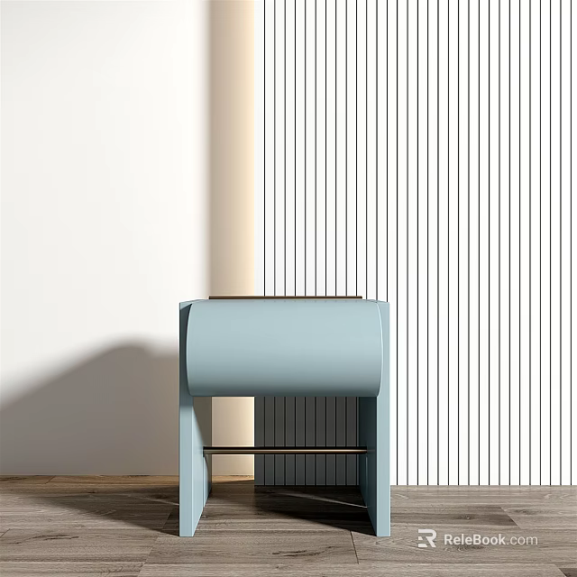 Modern Light Blue Bedside Table With Wooden Top And Vertical Striped Wall 3d model