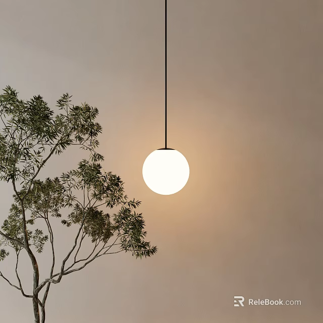 Round White Pendant Light Hanging With Soft Glow Near Green Tree Branches Against Beige Wall 3d model 