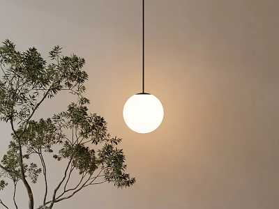 Round White Pendant Light Hanging With Soft Glow Near Green Tree Branches Against Beige Wall 3d model