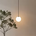 Round White Pendant Light Hanging With Soft Glow Near Green Tree Branches Against Beige Wall
