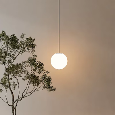 Round White Pendant Light Hanging With Soft Glow Near Green Tree Branches Against Beige Wall 3d model