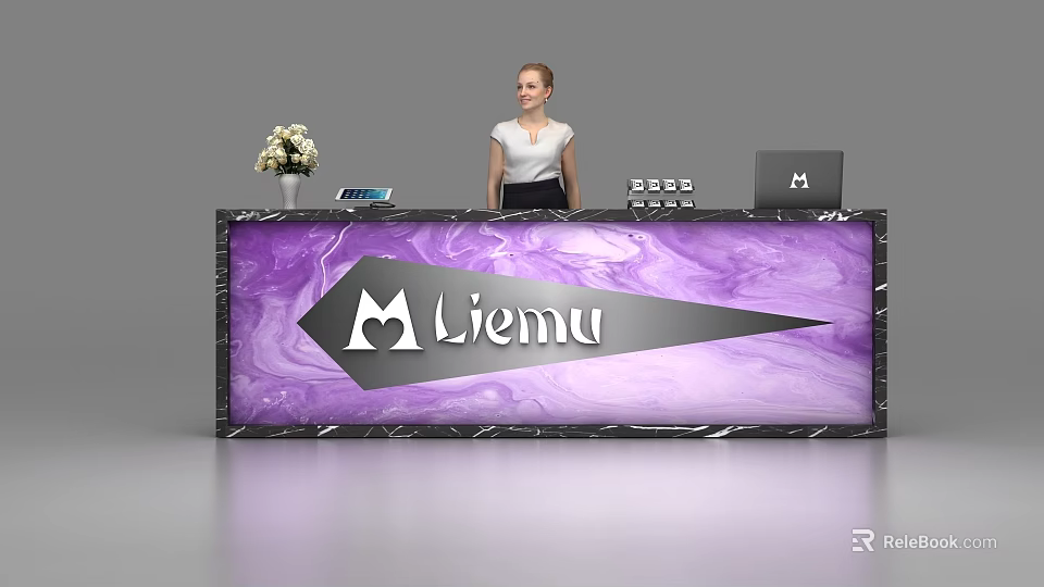Modern Reception Desk With Purple Marble Texture Liemu Logo Flower Vase Tablet And Monitor 3d model 