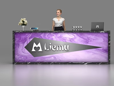 Modern Reception Desk With Purple Marble Texture Liemu Logo Flower Vase Tablet And Monitor 3d model