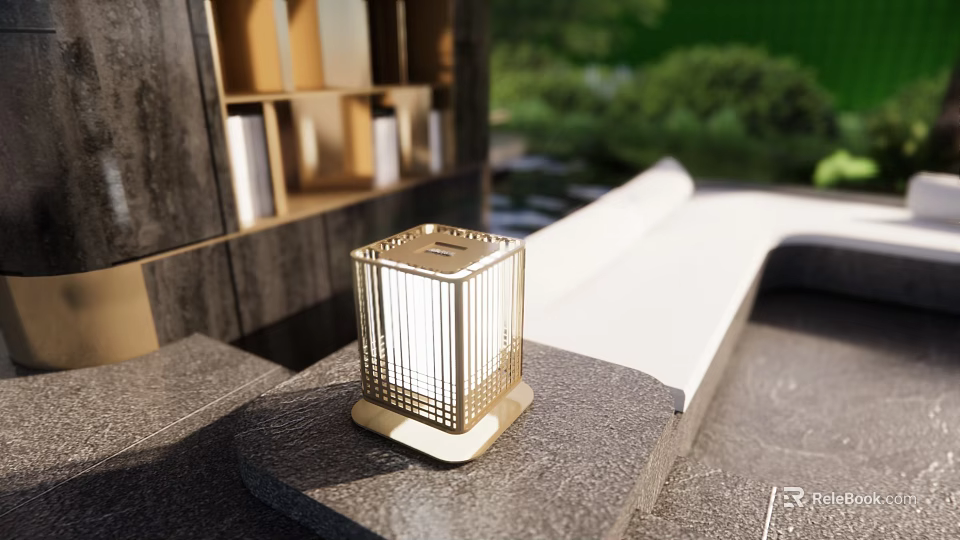 Modern Golden Grid Design Outdoor Light On Stone Step With Garden View 3d model 