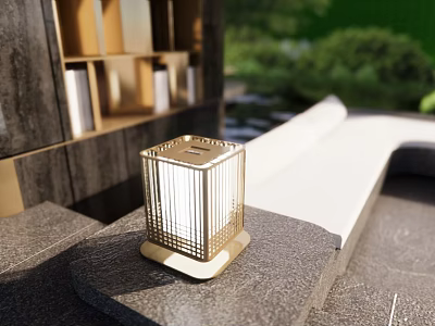 Modern Golden Grid Design Outdoor Light On Stone Step With Garden View 3d model