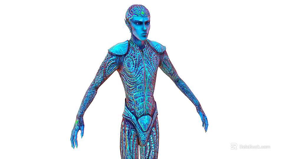 Sci Fi Character Alien Creature With Blue Illuminated Patterns And Intricate Body Design 3d model 