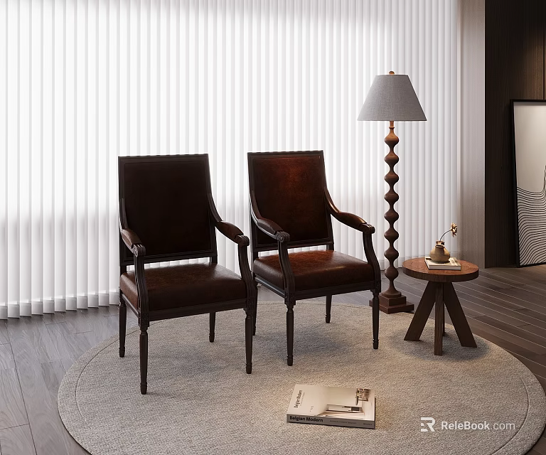Brown Leather Armchairs With Floor Lamp Small Round Table And Rug On Wooden Floor 3d model 
