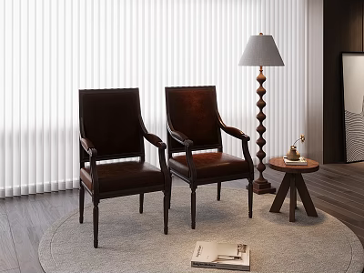 Brown Leather Armchairs With Floor Lamp Small Round Table And Rug On Wooden Floor 3d model