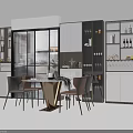 Modern Dining Table Set With Chairs And Open Kitchen Cabinets Wine Rack Area 3d model