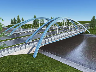 Modern Arch Bridge With Blue Steel Structure Over River Green Grass And Trees 3d model
