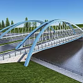 Modern Arch Bridge With Blue Steel Structure Over River Green Grass And Trees