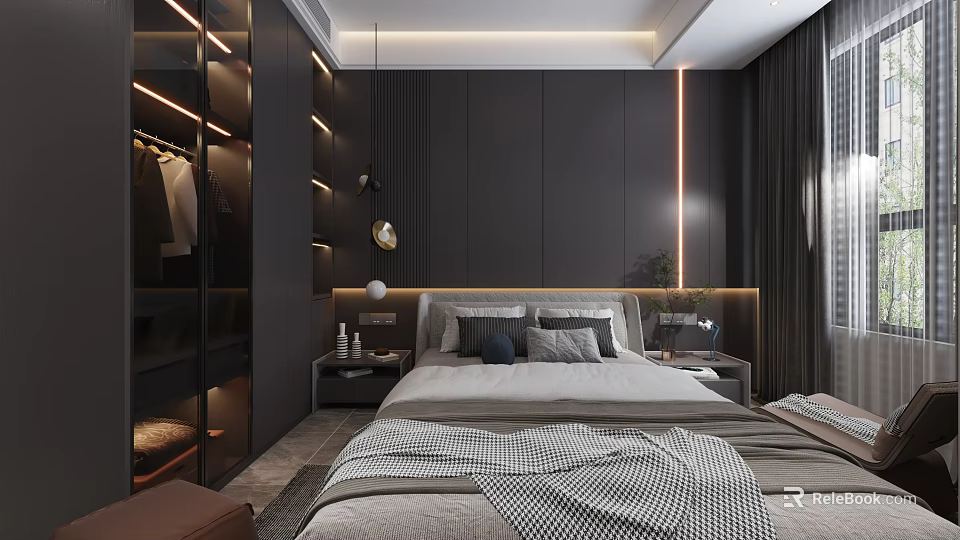 Modern Bedroom Interior Design With Dark Wall Glass Door Wardrobe Nightstand And Decorative Items 3d model 
