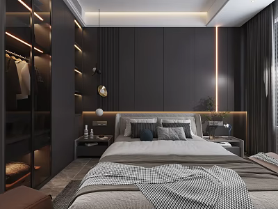 Modern Bedroom Interior Design With Dark Wall Glass Door Wardrobe Nightstand And Decorative Items 3d model