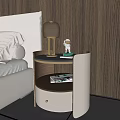 Elegant Modern Beige Leather Nightstand with Round Drawer Metal Handle Small Statue and Table Lamp