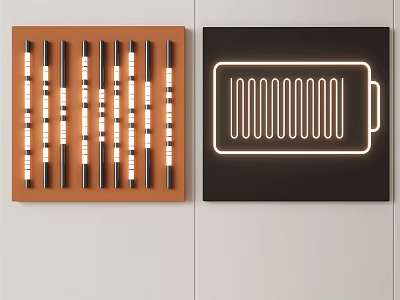 Contemporary Wall Decor Featuring Vertical Striped Elements And Neon Light Battery Shape Design 3d model