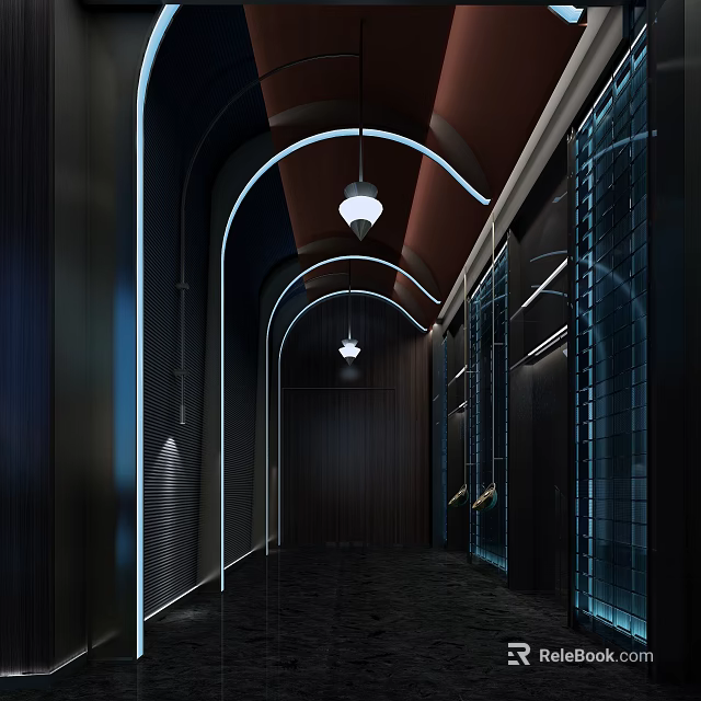 Modern Elevator Hallway Design With Curved Arches Pendant Lights And Glass Doors 3d model 