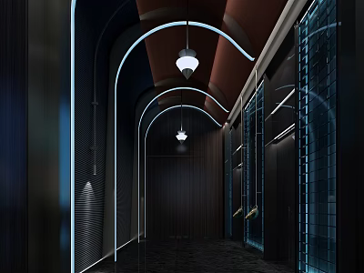 Modern Elevator Hallway Design With Curved Arches Pendant Lights And Glass Doors 3d model
