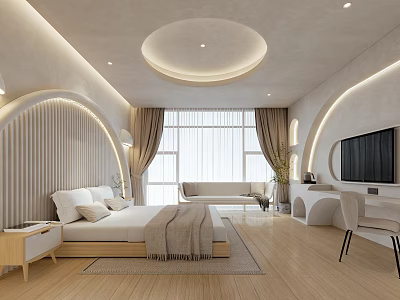 Modern Hotel Room Interior Design With Bed Sofa TV Window Curtains And Wooden Floor 3d model