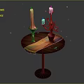 Small Round Wooden Table With Candle Holders Pink Candle Red Candles And Colorful Ribbon