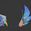 Colorful Iridescent Feather Shaped Decorative Sculptures On Dark Background With Reflections