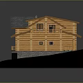 Cartoon Scene Of Cozy Log Cabin With Gray Roof Wooden Porch And Lush Green Grass
