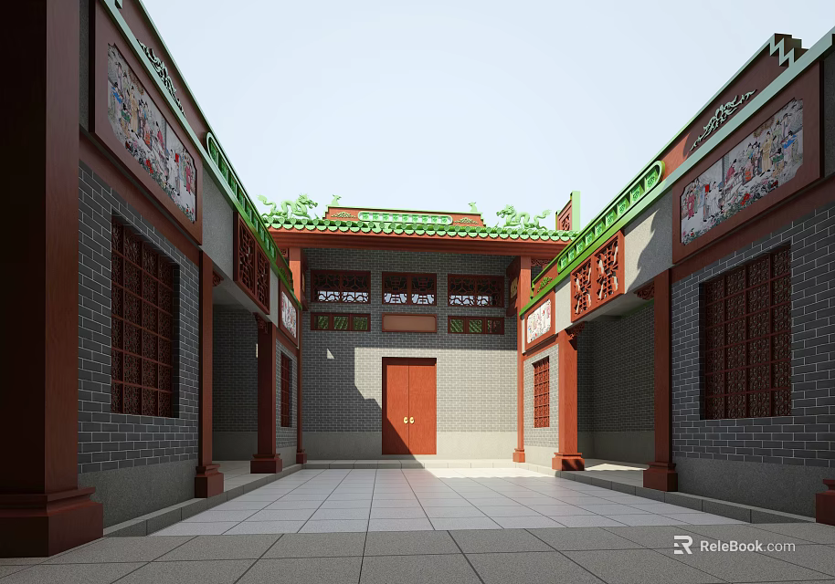 Ancient Chinese Architecture Courtyard With Red Pillars Green Tiled Roof And Carved Decorations 3d model 