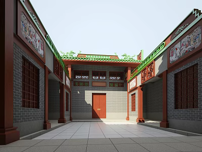 Ancient Chinese Architecture Courtyard With Red Pillars Green Tiled Roof And Carved Decorations 3d model