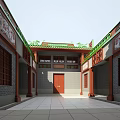Ancient Chinese Architecture Courtyard With Red Pillars Green Tiled Roof And Carved Decorations