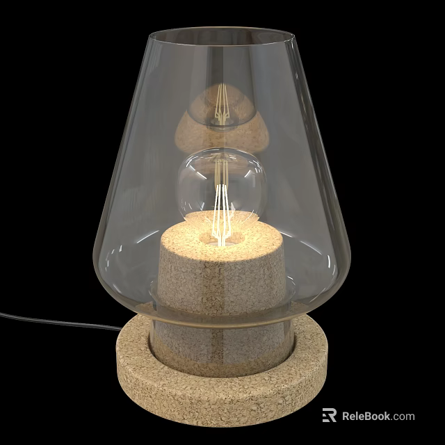 Modern Table Lamp With Conical Transparent Glass Shade And Natural Textured Base 3d model 
