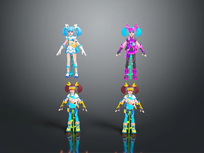Colorful Humanoid Characters with Futuristic Outfits Diverse Hairstyles and Shiny Reflections 3d model